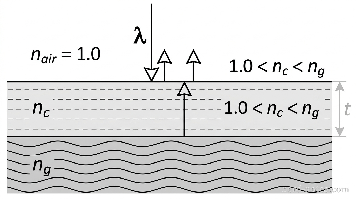 A horizontal layered diagram showing three distinct regions. The top region represents air with index of refraction n_air = 1.0. The middle layer of thickness t represents the coating with index of refraction n_c. The bottom region represents the glass lens substrate with index of refraction n_g, satisfying 1.0 < n_c < n_g. A downward vertical arrow labeled lambda enters from the air region, hitting the top boundary of the coating layer. Two small reflected arrows point upward, one originating at the air-coating interface and the second originating at the coating-glass interface. No other labels, lines, text, or axes appear.