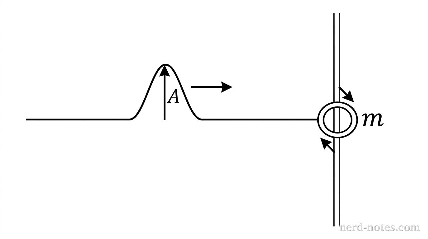 A horizontal string extends from left to right toward a thin vertical rod. An upright transverse wave pulse of amplitude A travels to the right along the string toward the rod. The rightmost end of the string is tied to a small circular ring of mass m centered around the vertical rod. Two small arrows pointing along the rod indicate friction acting on the ring. No other labels, lines, text, or axes appear.