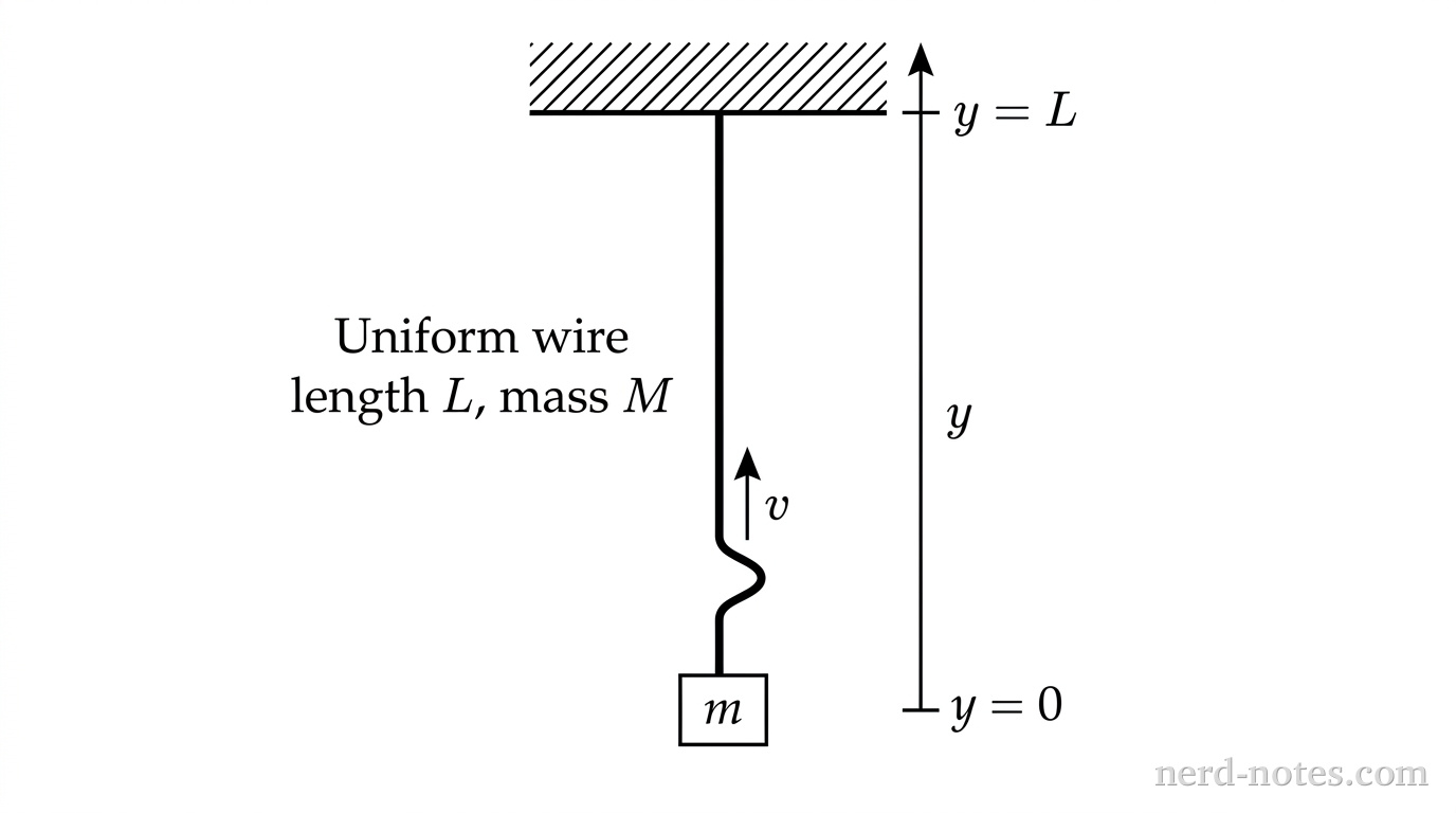 A vertical schematic diagram showing a uniform wire hanging from a horizontal cross-hatched ceiling. The wire has total length L and mass M, depicted as a thick vertical line segment. A small rectangular block labeled with mass m is attached to the bottom end of the wire. A small transverse wave pulse is depicted near the lower section of the wire, with an arrow pointing upward along the wire labeled v. A vertical coordinate axis y is shown to the right, pointing upward with y = 0 at the bottom block and y = L at the ceiling. No other labels, lines, text, or axes appear.
