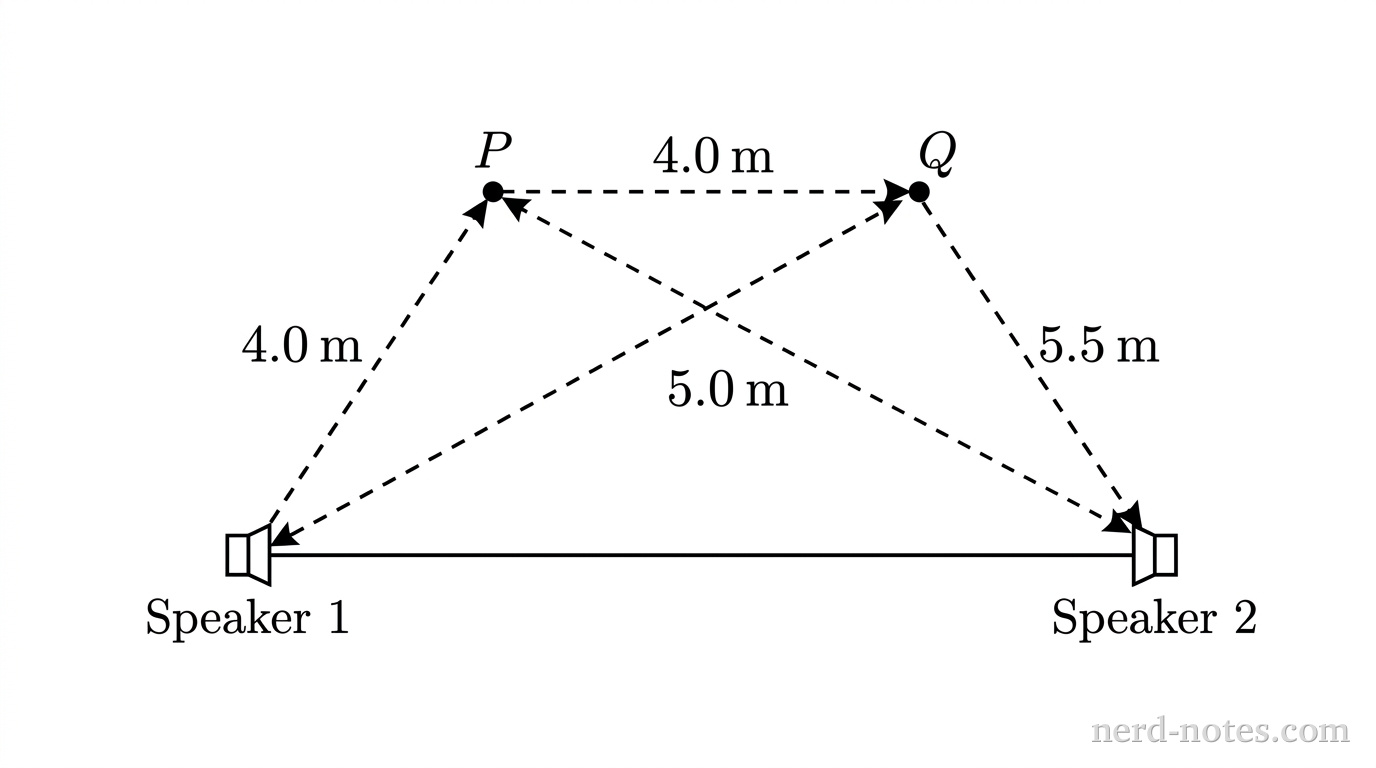 Two small rectangular speaker symbols, labeled Speaker 1 on the left and Speaker 2 on the right, lie along a horizontal line. Point P is depicted as a dot above Speaker 1, with a dashed line segment labeled 4.0 m extending from Speaker 1 to Point P and a dashed line segment labeled 5.0 m extending from Speaker 2 to Point P. Point Q is depicted as a second dot positioned to the right of Point P, with a dashed line segment labeled 4.0 m extending from Speaker 1 to Point Q and a dashed line segment labeled 5.5 m extending from Speaker 2 to Point Q. No other labels, lines, text, or axes appear.