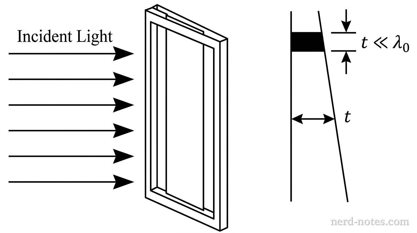 A schematic showing a vertical rectangular wire frame holding a soap film. Light rays labeled Incident Light travel horizontally from the left toward the film. To the right of the frame, a magnified side-profile cross section shows the soap film shaped as a wedge, extremely thin at the top where thickness t is much less than lambda_0, and wider at the bottom. A horizontal dark region is indicated at the very top of the film. No other labels, lines, text, or axes appear.