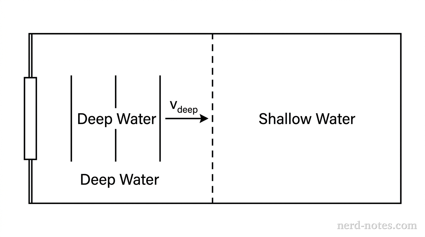 A top-down schematic of a rectangular water tank divided vertically into two equal sections by a vertical dashed boundary line. The left section is labeled Deep Water and the right section is labeled Shallow Water. On the far left edge of the tank, a vertical rectangle represents a wave generator paddle. Three evenly spaced parallel vertical solid line segments are drawn in the deep water section to represent crests. A horizontal arrow labeled v_deep points from left to right toward the boundary line. The shallow water section on the right contains no line segments. No other labels, lines, text, or axes appear.