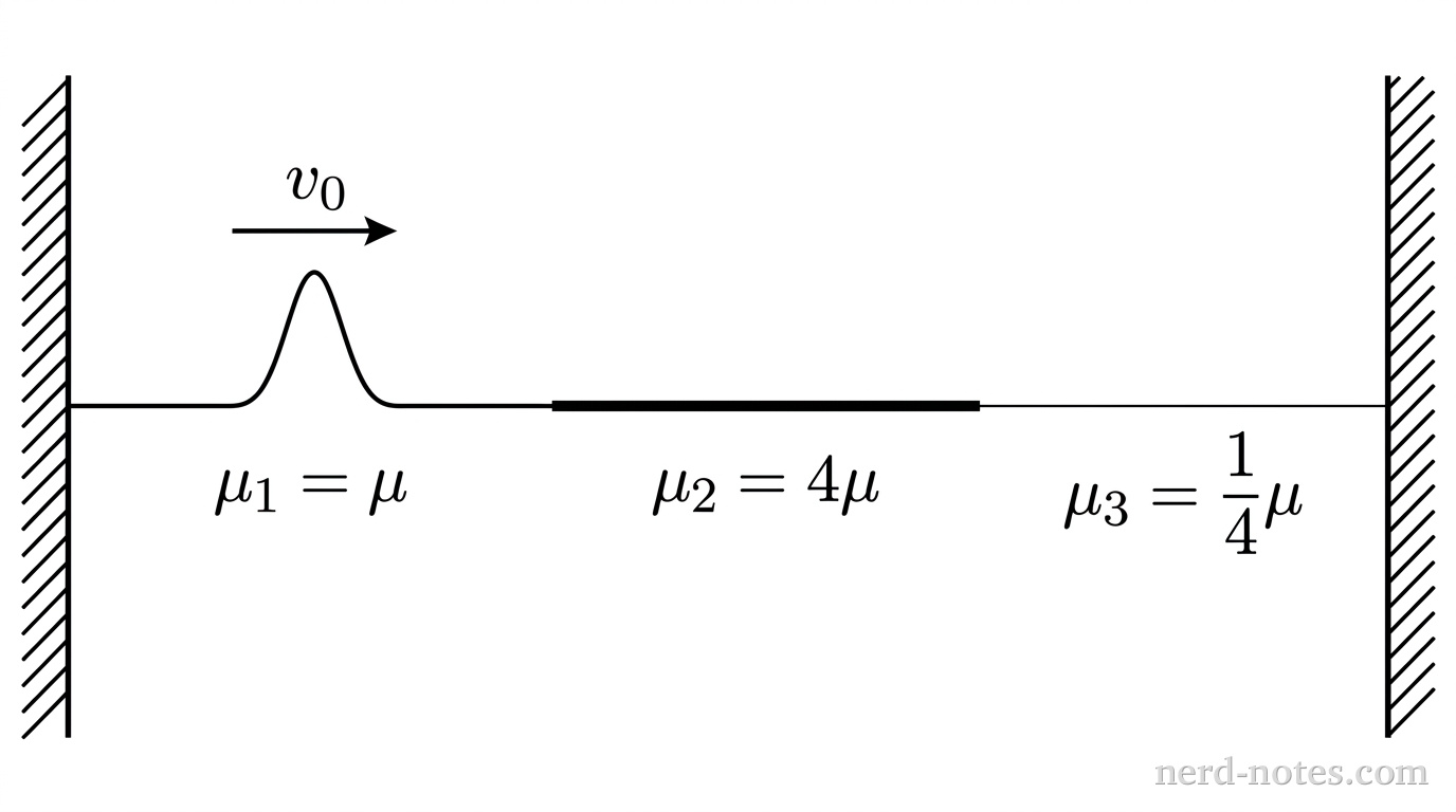 A horizontal composite string stretched tightly between two rigid outer walls under uniform tension. The string consists of three connected sections: Segment 1 on the left is drawn as a thin line labeled \(\mu_1 = \mu\); Segment 2 in the middle is drawn as a noticeably thicker line labeled \(\mu_2 = 4\mu\); Segment 3 on the right is drawn as a very thin line labeled \(\mu_3 = \frac{1}{4}\mu\). On Segment 1, an upright single Gaussian wave pulse is shown traveling to the right toward the boundary with Segment 2. A straight horizontal arrow labeled \(v_0\) is positioned directly above the pulse, pointing rightward. No other labels, lines, text, or axes appear.