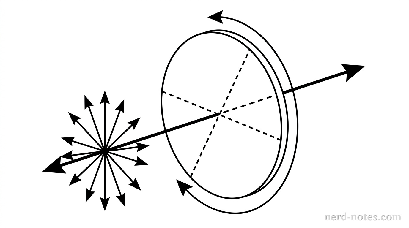 A 3D diagram showing a light beam traveling along the z-axis from left to right toward a circular linear polarizer positioned in the xy-plane. The incoming beam is represented by a central ray arrow along the z-axis, surrounded by arrows representing light vectors. A circular polarizing filter is shown perpendicular to the beam, with a dashed transmission axis line passing through its center. A curved arrow around the perimeter of the filter indicates continuous rotation of the filter about the z-axis. No other labels, lines, text, or axes appear.