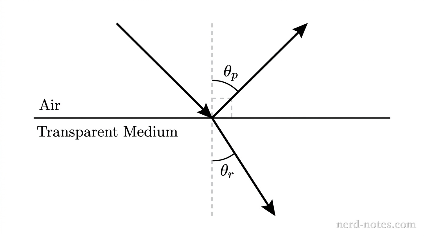 A light ray traveling down and to the right in air strikes a horizontal boundary separating air above from a transparent medium below. At the point of incidence, a dashed vertical normal line extends above and below the boundary. A reflected ray travels up and to the right at angle \(\theta_p\) relative to the normal. A refracted ray travels down and to the right into the lower medium at angle \(\theta_r\) relative to the normal. A right-angle symbol indicates a \(90^\circ\) angle between the reflected ray and the refracted ray. No other labels, lines, text, or axes appear.
