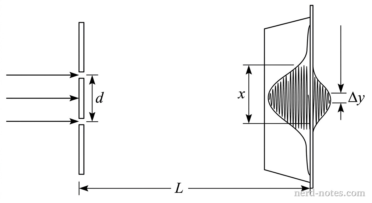 A horizontal optical setup drawn in black line art on a plain white background. On the left, two closely spaced vertical slits in a barrier are shown, each of width a, with their center-to-center distance labeled d. Monochromatic light rays propagate horizontally to the right over a distance L to a vertical screen on the right. On the screen, an intensity graph represents bright and dark fringes within a broader envelope. The distance from the central peak to the first zero-intensity point of the broader envelope is labeled x. The distance between two adjacent small intensity peaks near the center is labeled \Delta y. No other labels, lines, text, or axes appear.
