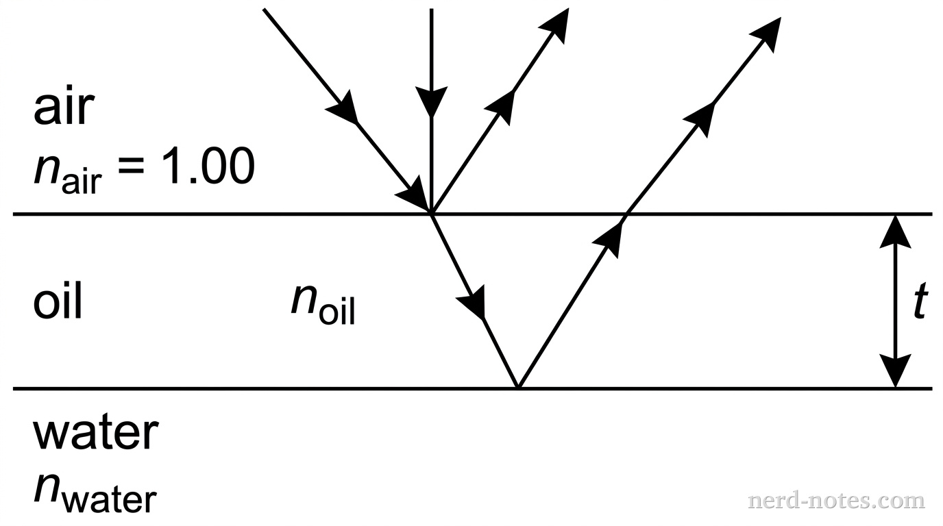 A horizontal thin layer labeled oil of uniform thickness t sits between air above and water below. A vertical incoming light ray from the air region strikes the top boundary of the oil layer. One reflected ray goes upward from the top boundary back into air. A transmitted ray goes into the oil layer, reflects off the bottom oil-water boundary, and exits upward into air parallel to the first reflected ray. Labels show n_air = 1.00 in the upper region, n_oil in the middle film region, n_water in the lower region, and thickness t on the side. No other labels, lines, text, or axes appear.