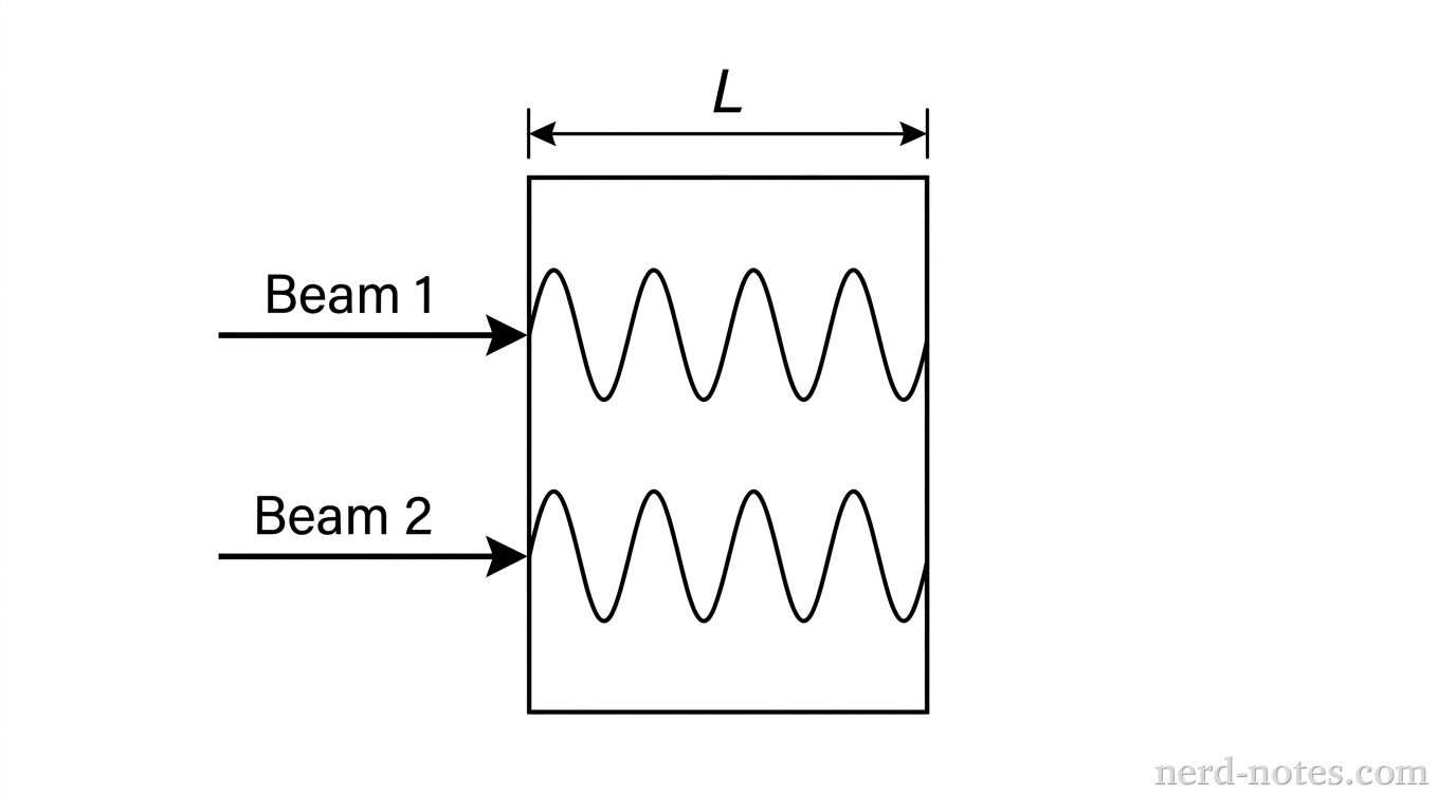 A vertical glass block of thickness L sits in vacuum. Two horizontal parallel arrows representing Beam 1 and Beam 2 point toward the left face of the block at normal incidence. Inside the block, sinusoidal waves are sketched along each beam's path across the thickness L to represent wave propagation. No other labels, text, or elements appear.