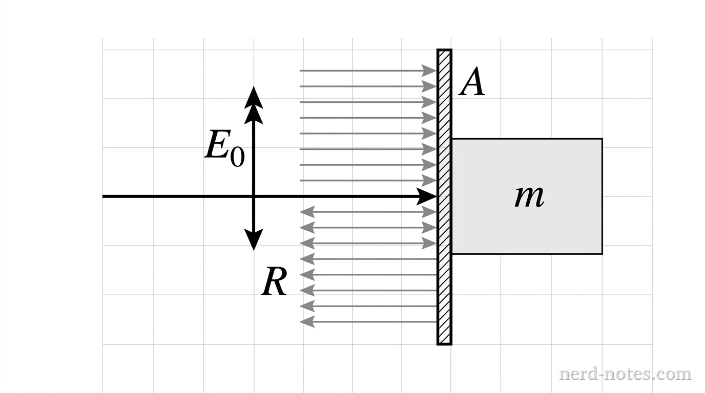 A schematic diagram showing a spacecraft body of mass m attached to a flat, vertical solar sail of area A. A horizontal laser beam originating from the left shines directly onto the left face of the sail at normal incidence. Parallel arrows represent the incoming light rays with a vertical double-headed arrow labeled E_0 representing the electric field. Reflected rays point back to the left, labeled with reflectivity R. No other text, labels, or construction lines are present.