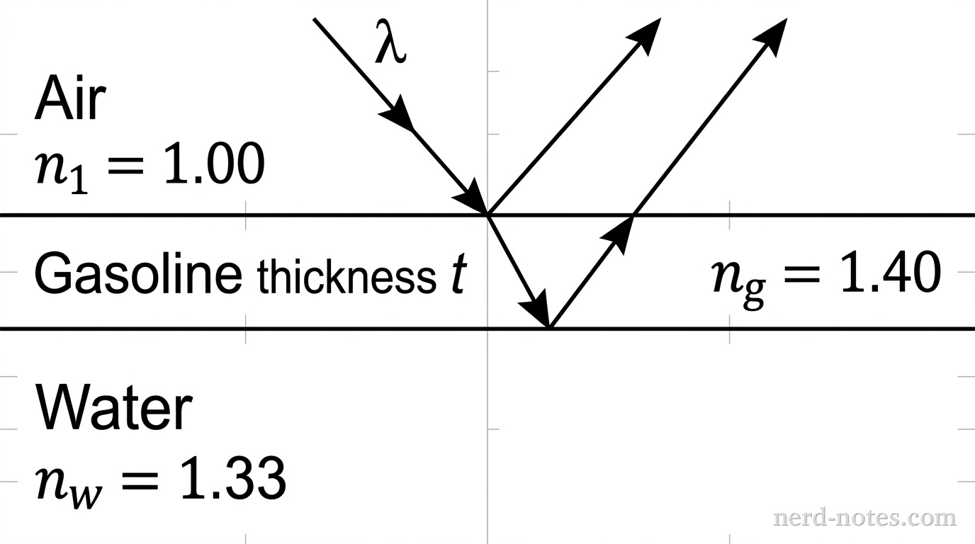 A diagram showing three horizontal regions stacked vertically. The top region is labeled Air with index n_1 = 1.00. Below it is a thin horizontal band labeled Gasoline of thickness t with index n_g = 1.40. Below the gasoline is a region labeled Water with index n_w = 1.33. An incident light ray arrow labeled \lambda travels downward through air at a slight angle to the vertical toward the air-gasoline interface. A first reflected ray arrow reflects upward back into the air from the top interface. A second ray continues downward into the gasoline, reflects upward off the gasoline-water interface, and travels back up into the air parallel to the first reflected ray. No other labels, lines, text, or axes appear.