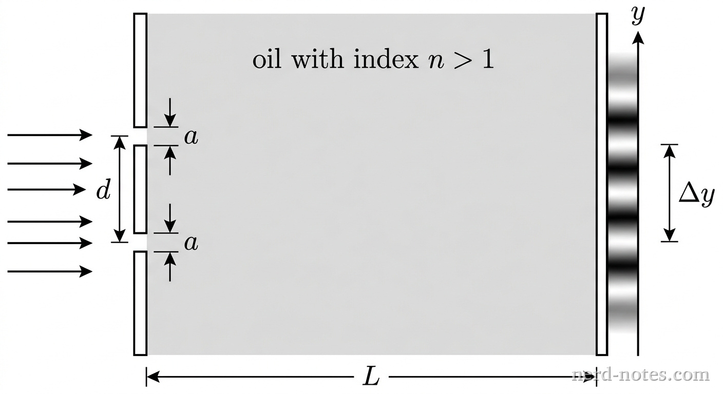 A side-view schematic diagram showing a double-slit barrier on the left and a vertical screen on the right separated by a horizontal distance labeled L. The barrier contains two narrow slits separated by center-to-center distance d, with each slit having width a. Light rays travel horizontally from left to right through the slits. The region between the barrier and the screen is filled with a uniform light gray shading labeled oil with index n > 1. On the screen, a series of bright intensity peaks are displayed along a vertical axis labeled y. The distance between adjacent peaks is labeled \Delta y. No other labels, lines, text, or axes appear.