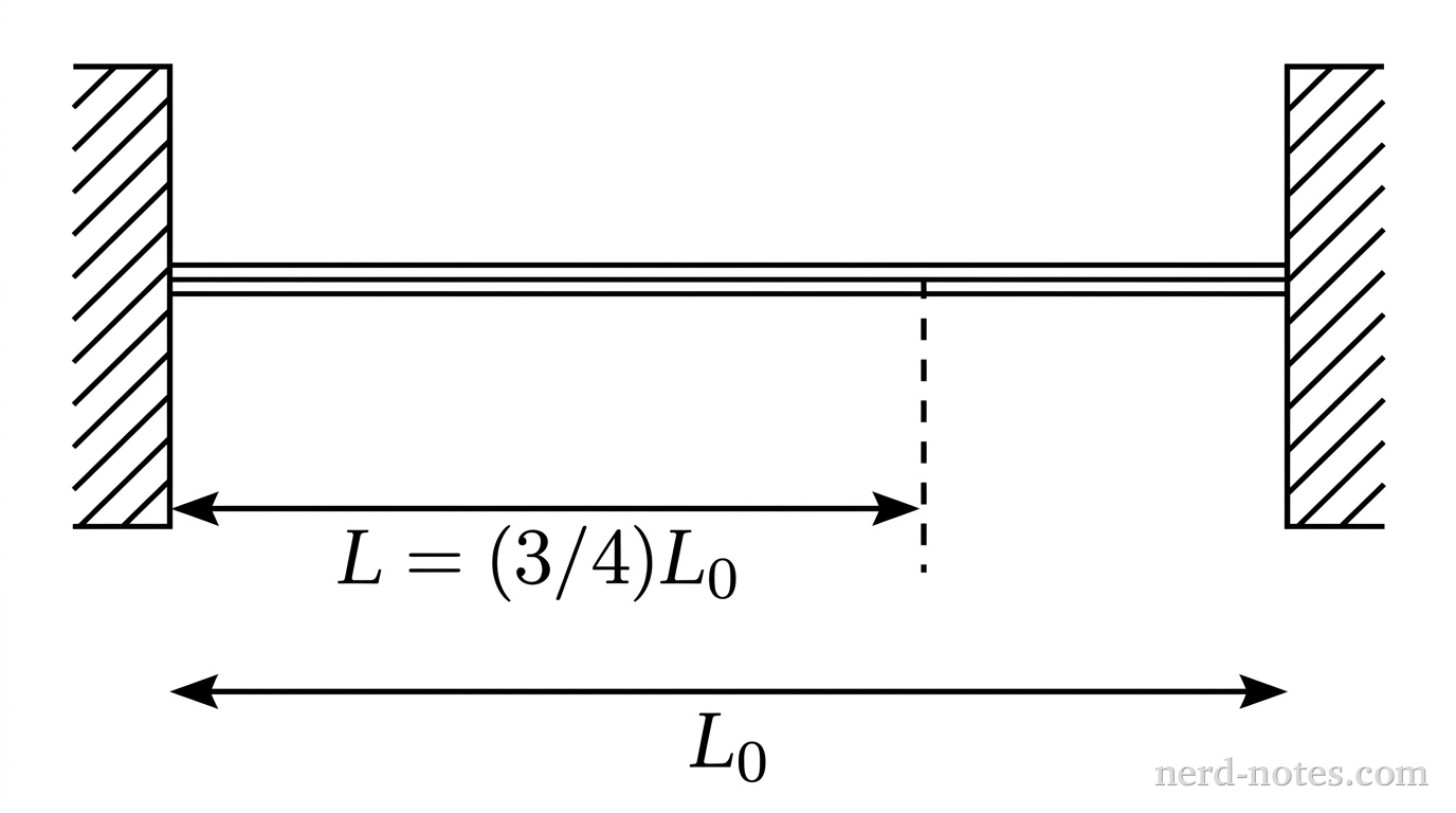 A horizontal segment represents a stretched guitar string fixed at two rigid vertical end supports separated by distance L_0. A vertical dashed line marks the location of a fret at a distance L = (3/4)L_0 from the left support. A horizontal double-headed arrow beneath the string spans from the left support to the fret, labeled L = (3/4)L_0. Another horizontal double-headed arrow further below spans the total distance between the two end supports, labeled L_0. No other labels, lines, text, or axes appear.