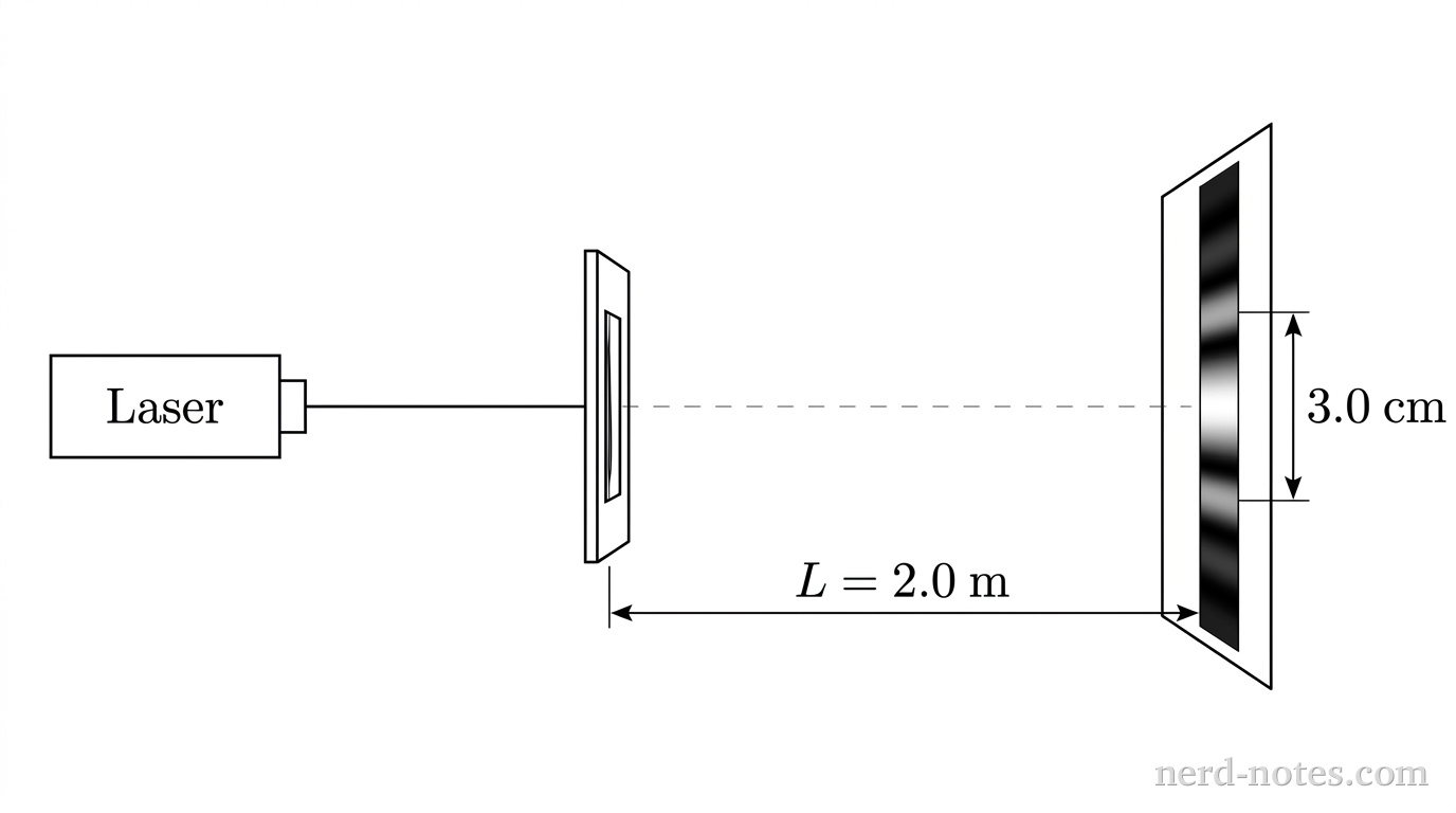 A horizontal setup diagram shown from a side perspective. On the left, a rectangular laser housing labeled Laser emits a thin horizontal beam traveling to the right along a dashed central axis. The beam strikes a vertical slide holder containing a thin vertical line representing a strand of hair. A distance labeled L = 2.0 m extends horizontally from the slide holder to a vertical flat screen on the right. On the screen, a central bright band of light is depicted along with adjacent dark and bright fringes. A vertical dimension arrow spans the total height of the central bright maximum between the two surrounding dark fringes, labeled 3.0 cm. No other labels, lines, text, or axes appear.