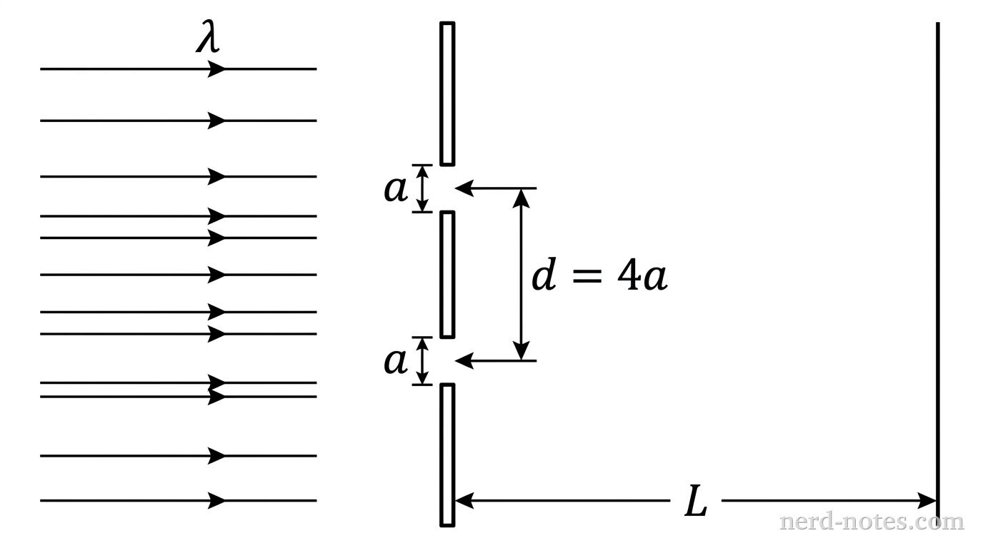 A physical setup diagram showing horizontal plane wave fronts of light of wavelength \(\lambda\) traveling toward a vertical opaque barrier containing two rectangular slits. Each slit has width \(a\), and the distance between the centers of the two slits is labeled \(d = 4a\). To the right of the barrier, a vertical line representing a distant viewing screen is located at distance \(L\). No light rays, interference curves, or intensity envelopes are drawn between the barrier and screen. No other labels, lines, text, or axes appear.