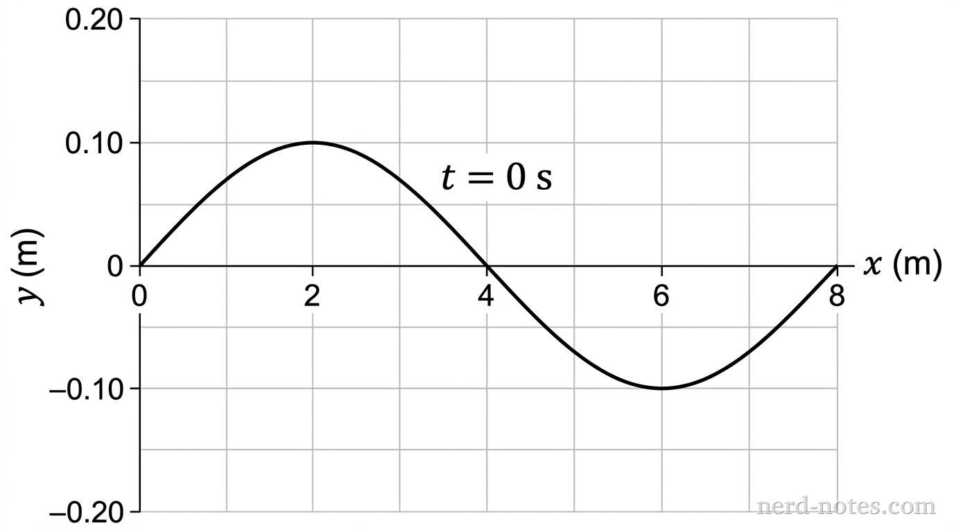 A quantitative line graph with horizontal axis labeled x in meters and vertical axis labeled y in meters. The vertical axis ranges from -0.20 to 0.20 with major ticks at -0.10, 0, and 0.10. The horizontal axis ranges from 0 to 8 with major ticks at 0, 2, 4, 6, and 8. A single full cycle of a sine wave starts at (0, 0), reaches a maximum of 0.10 at x = 2, crosses zero at x = 4, reaches a minimum of -0.10 at x = 6, and returns to zero at x = 8. A label 't = 0 s' is located near the curve. No other labels, lines, text, or axes appear.