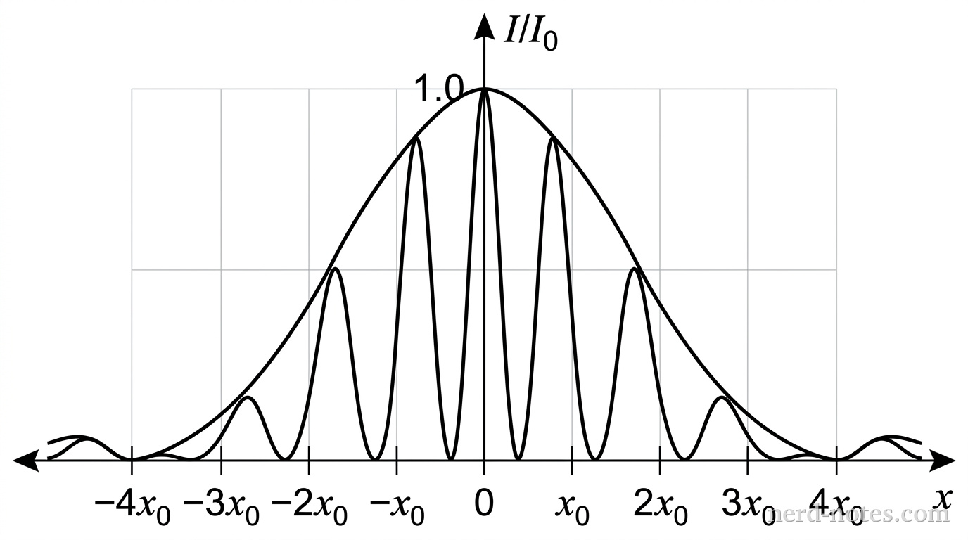 A graph of relative intensity I/I_0 on the vertical axis versus position x on the horizontal axis. The horizontal axis has a central origin labeled 0, with tick marks spaced evenly at x_0, 2x_0, 3x_0, 4x_0 on the right and -x_0, -2x_0, -3x_0, -4x_0 on the left. A smooth curve displays a double-slit interference pattern modulated by a single-slit diffraction envelope. The central diffraction envelope spans from x = -4x_0 to x = +4x_0, dropping to zero intensity at x = -4x_0 and x = +4x_0. Inside this envelope, narrow interference peaks occur at x = 0 with relative intensity 1.0, x = \pm x_0 with relative intensity 0.85, x = \pm 2x_0 with relative intensity 0.50, and x = \pm 3x_0 with relative intensity 0.15. At x = \pm 4x_0, where an interference peak would otherwise appear, the intensity is exactly zero due to the envelope minimum. Outside x = \pm 4x_0, much smaller secondary envelopes appear with low-intensity peaks. No other labels, lines, text, or axes appear.
