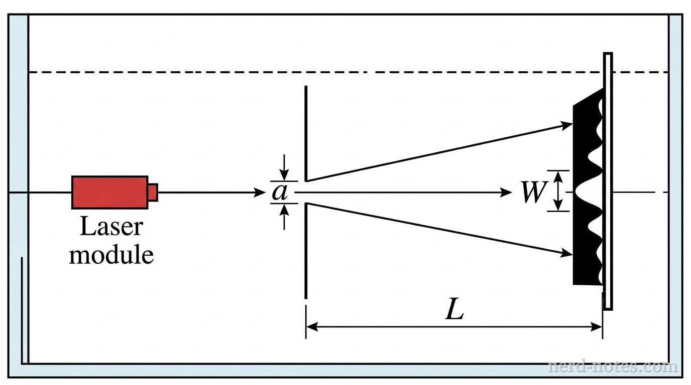 A horizontal glass tank filled with water contains a single-slit diffraction apparatus submerged inside. On the left side of the tank, a red laser module emits a parallel light beam along a horizontal central axis toward a vertical barrier containing a single slit of width a. To the right of the barrier at a distance L, a vertical detector screen displays a single-slit diffraction pattern with a prominent central bright maximum of width W flanked by smaller dark and bright fringes. A horizontal dashed line indicates the water level above all optical components inside the tank. No other labels, lines, text, or axes appear.