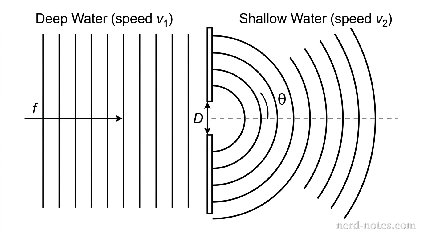 A top-down view of ocean waves approaching a harbor entrance. On the left side, labeled 'Deep Water (speed v_1)', several straight parallel vertical lines represent incoming wave crests of frequency f moving to the right toward a horizontal barrier wall with a central opening of width D. To the right of the wall, labeled 'Shallow Water (speed v_2)', semicircular curved wave fronts emanate outward from the opening into the harbor, spreading over an angle theta relative to the central straight line of propagation. No other labels, lines, text, or axes appear.