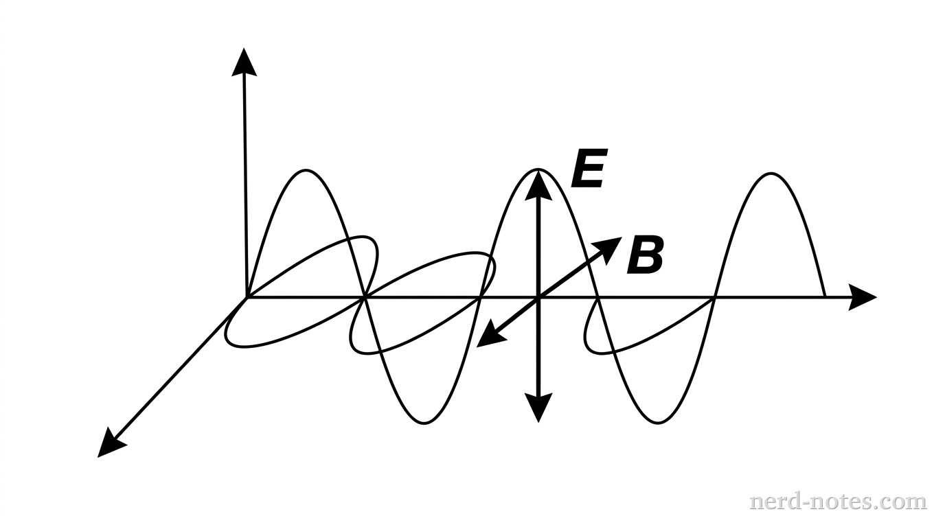 A 3D Cartesian coordinate system showing the x-axis extending horizontally to the right, the y-axis pointing vertically straight up, and the z-axis extending forward to the lower-left at a 45-degree angle. A sinusoidal electromagnetic wave travels along the positive x-axis. At a peak along the wave, a vertical double-headed arrow parallel to the y-axis is labeled E. At the same position, a horizontal double-headed arrow parallel to the z-axis is labeled B. No other labels, lines, text, or axes appear.