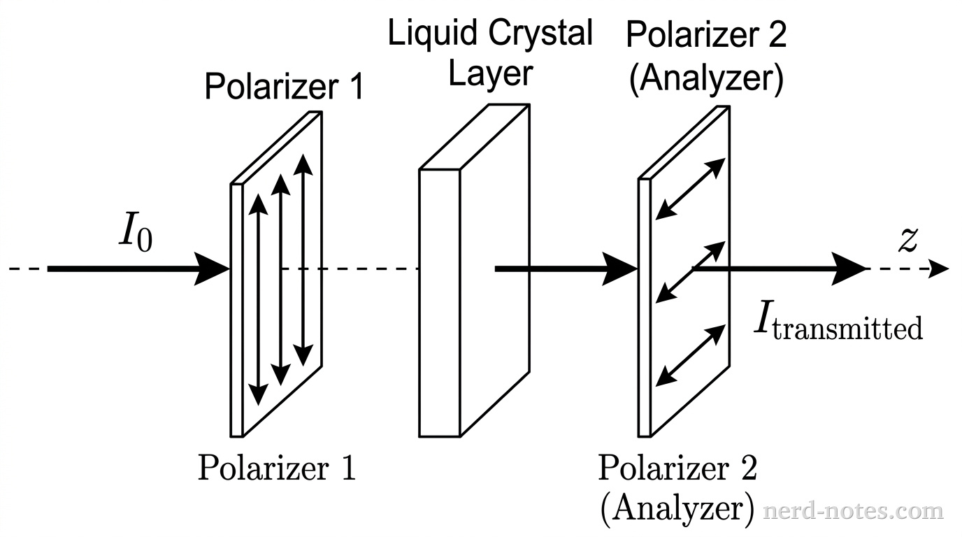 A horizontal dashed optical axis labeled z extends from left to right through three optical elements. On the far left, an incoming beam of unpolarized light represented by a thick horizontal arrow labeled I_0 travels along the z-axis toward the first element. The first element is a rectangular vertical plate labeled Polarizer 1 with double-headed vertical arrows indicating a vertical transmission axis. Next along the z-axis is a rectangular slab labeled Liquid Crystal Layer. On the far right is a rectangular vertical plate labeled Polarizer 2 (Analyzer) with double-headed horizontal arrows indicating a horizontal transmission axis. A light ray arrow continues through all three elements along the z-axis, exiting to the right labeled I_transmitted. No other labels, lines, text, or axes appear.