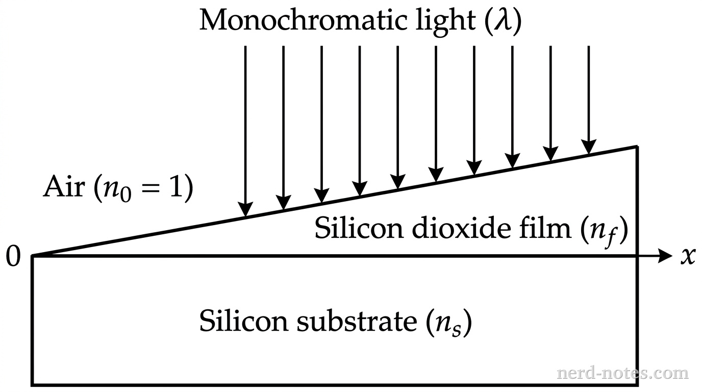 A cross-sectional diagram of a wedge-shaped thin film on a substrate. At the bottom, a thick horizontal rectangular block is labeled 'Silicon substrate (n_s)'. On top of the substrate, a thin right-triangular wedge layer is labeled 'Silicon dioxide film (n_f)', tapering down to zero thickness at x = 0 on the left and thickening toward the right. The medium above the wedge is labeled 'Air (n_0 = 1)'. A horizontal axis labeled x extends to the right along the substrate interface, with origin x = 0 at the left tip of the wedge. Parallel downward vertical arrows labeled 'Monochromatic light (\lambda)' strike the upper surface of the film from above. No other labels, lines, text, or axes appear.