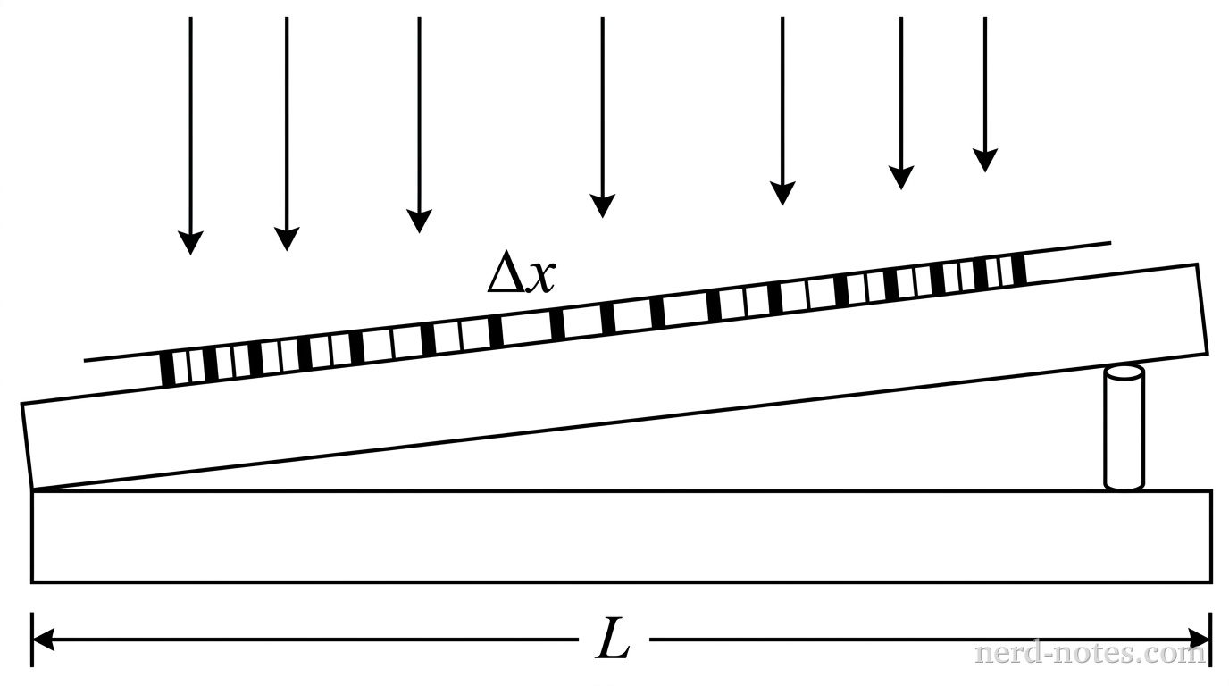 A side-view diagram showing two flat glass slides forming an air wedge. The bottom glass slide lies horizontally. The top glass slide rests on the bottom slide at the left end and is supported by a small vertical cylindrical strand (hair) of height d at the right end, creating a wedge angle between them. The length of the slides is labeled L along the horizontal bottom slide. Vertical monochromatic light rays with downward arrows shine from above onto the top slide. On top of the upper slide, a series of alternating dark and light vertical tick marks indicates interference fringes, with the horizontal distance between two adjacent dark marks labeled \Delta x. No other labels, lines, text, or axes appear.