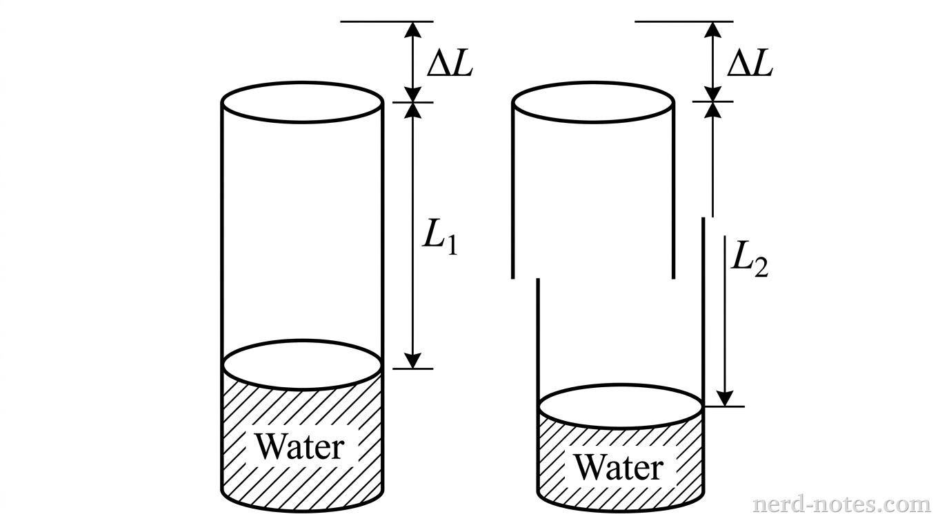 A schematic diagram showing two identical vertical cylindrical tubes open at the top and partially filled with water at the bottom. The left tube has an air column of length L1 above the water level, representing the fundamental mode with a displacement node at the water surface and an antinode at height Delta L above the top rim. The right tube has a shorter water column leaving a longer air column of length L2, representing the second resonant mode with a node at the water surface and an antinode at height Delta L above the top rim. Labels L1, L2, and Delta L are clearly marked. No other labels, lines, text, or axes appear.