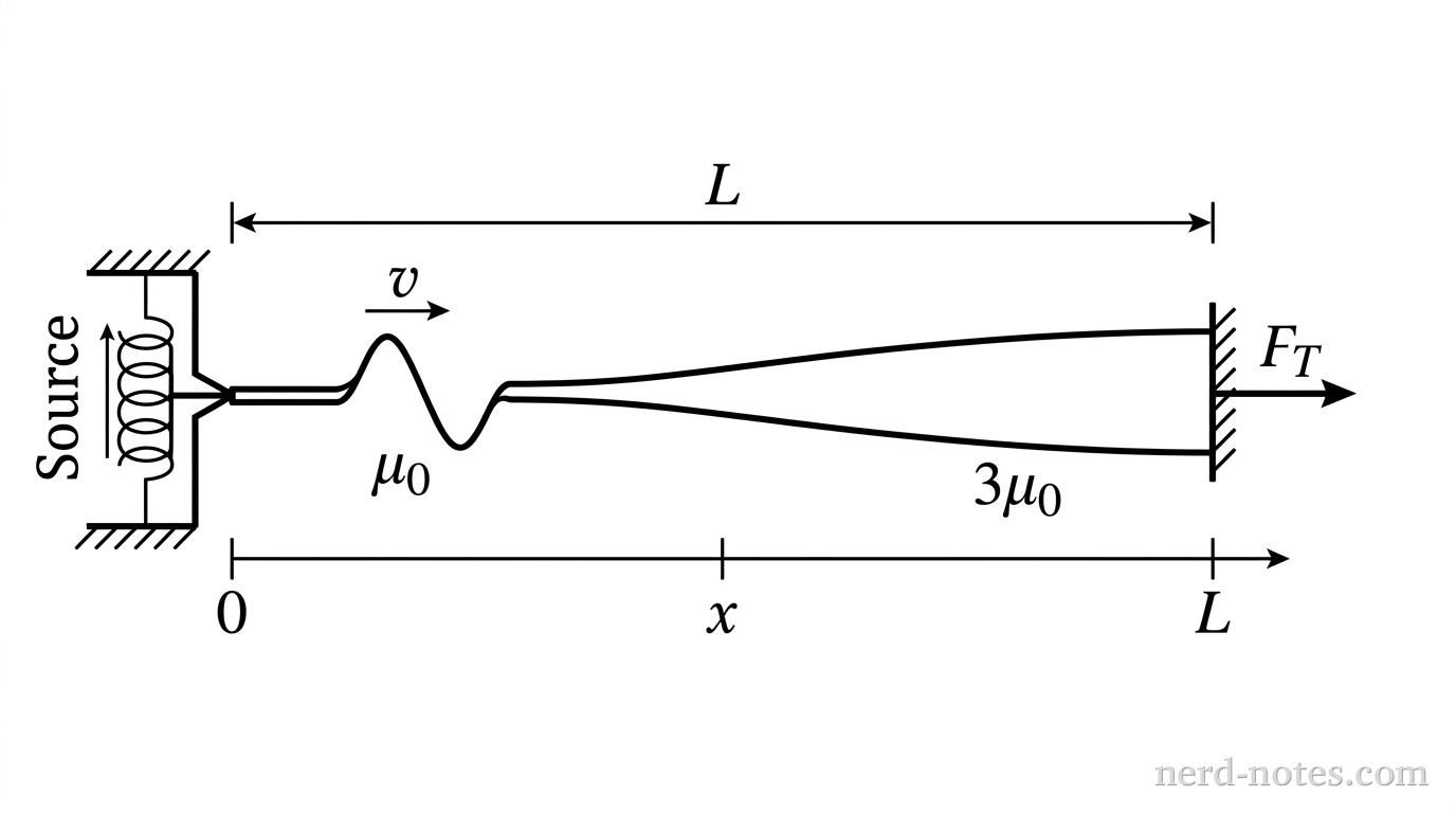 Rope under uniform tension \(F_T\) with linear mass density increasing from \(\mu_0\) to \(3\mu_0\).