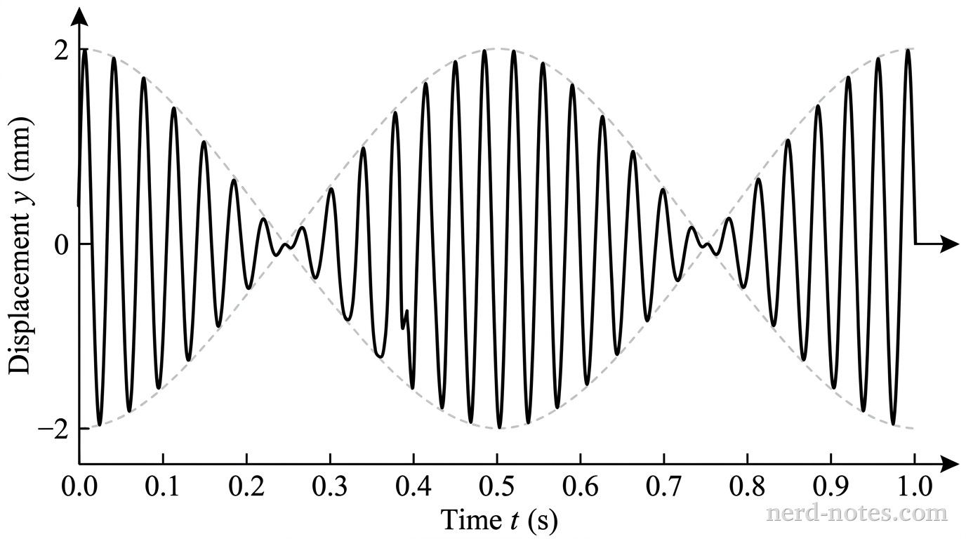 A graph of vertical displacement y in millimeters versus time t in seconds, spanning from t = 0 to t = 1.0 s. The horizontal axis is labeled 'Time t (s)' with tick marks every 0.1 s from 0.0 to 1.0. The vertical axis is labeled 'Displacement y (mm)' with tick marks at -2, 0, and 2. A beat pattern waveform starts at maximum positive displacement +2 mm at t = 0. The amplitude envelope modulates smoothly, reaching a zero-amplitude node at t = 0.25 s, a local maximum amplitude envelope of 2 mm at t = 0.50 s, another node at t = 0.75 s, and a maximum amplitude envelope of 2 mm at t = 1.00 s. Within this envelope, the fast signal oscillates with high frequency, completing exactly 10 full cycles between t = 0 and t = 1.0 s, with crests occurring every 0.10 s. No other text, lines, or labels appear.