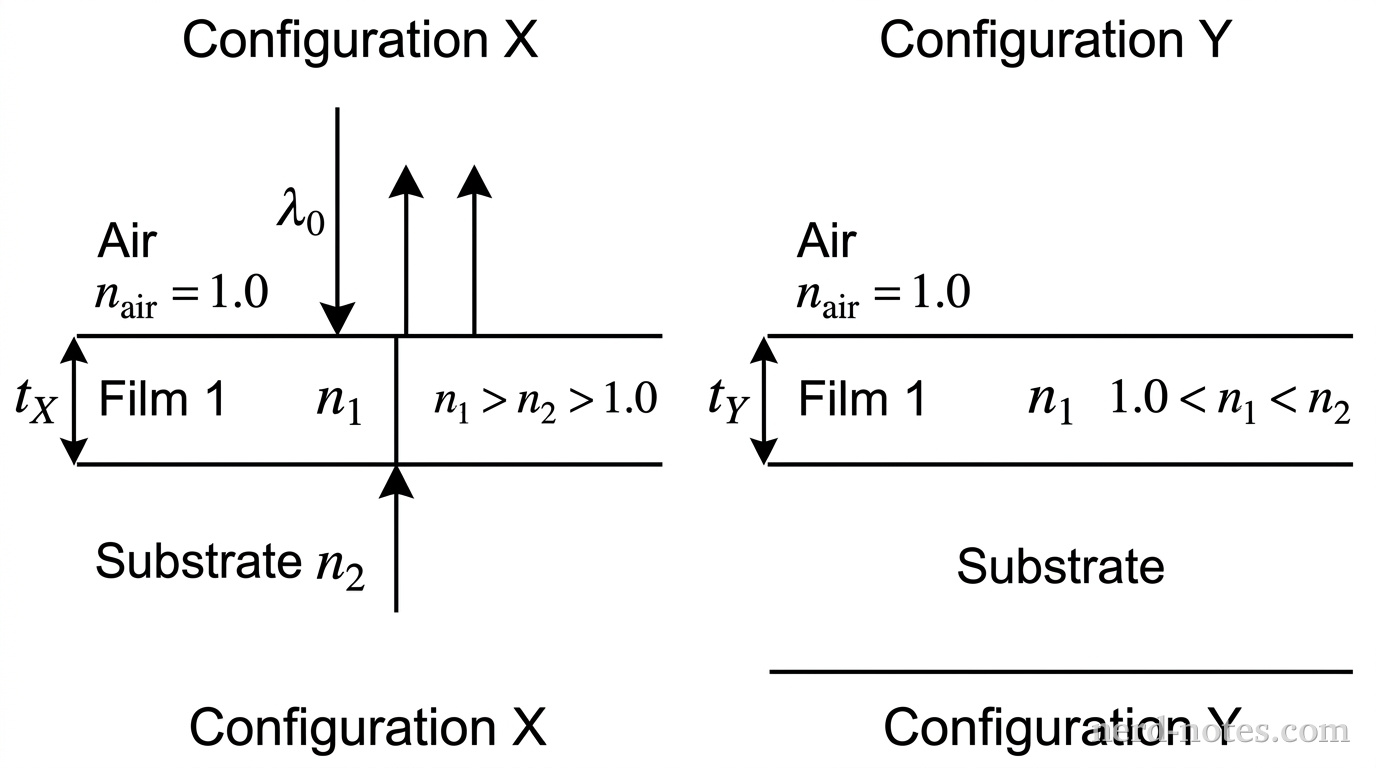 Two side-by-side cross-sectional diagrams labeled Configuration X on the left and Configuration Y on the right. In Configuration X, three horizontal layers are shown from top to bottom: Air with label n_air = 1.0, Film 1 with thickness t_X and refractive index n_1, and Substrate with refractive index n_2, accompanied by text n_1 > n_2 > 1.0. A downward vertical arrow representing incident light of wavelength \lambda_0 enters Film 1, with two upward vertical arrows representing reflected rays from the top boundary and bottom boundary of Film 1. In Configuration Y, the same three-layer geometry is shown with Film 1 of thickness t_Y and text 1.0 < n_1 < n_2. No other labels, lines, text, or axes appear.
