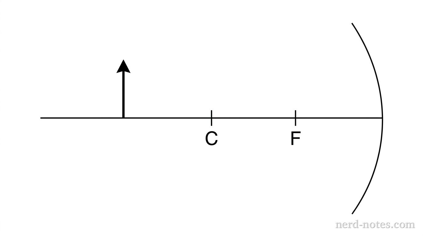 A horizontal line representing the principal axis extends across the frame. At the right edge, a concave mirror is drawn as a thin vertical arc curving inward toward the right. Along the principal axis to the left of the mirror, two short vertical tick marks are labeled F at distance f and C at distance 2f. A solid upright arrow representing an object stands vertically on the principal axis, located to the left of tick mark C. No light rays, reflected paths, image arrows, or additional annotations appear.