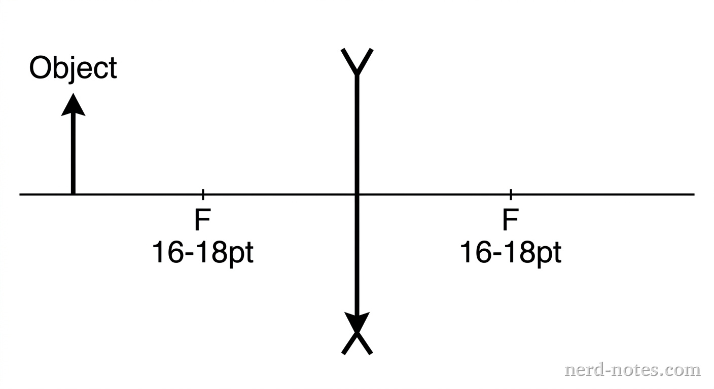 A horizontal line representing the principal axis. A thin diverging lens is represented by a vertical double-arrow segment with inverted arrowheads pointing inward at the top and bottom, centered vertically on the axis. On the left side of the lens, an upright arrow labeled 'Object' stands on the principal axis. Labeled focal points F are marked on both sides of the lens at equal distances from the lens center along the axis. No rays, extensions, or images appear. No other labels, lines, text, or axes appear.