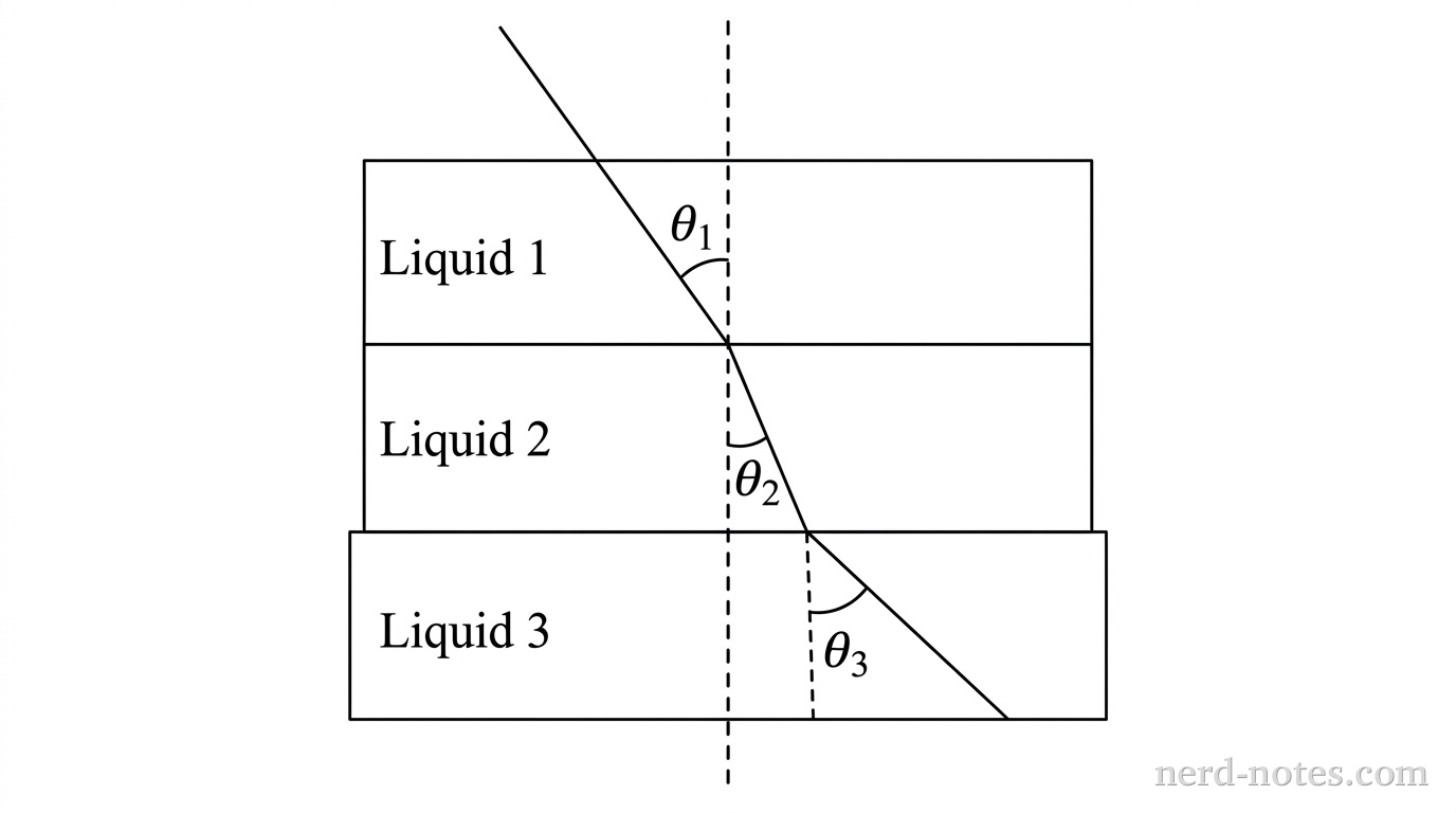 A diagram showing three horizontal layers of liquids stacked vertically: Liquid 1 at the top, Liquid 2 in the middle, and Liquid 3 at the bottom. A dashed vertical line extends down through all three layers representing the normal line. A light ray enters Liquid 1 from above traveling down and right, making angle theta_1 with the normal. At the first horizontal boundary, the ray enters Liquid 2 and bends closer to the normal, making a smaller angle theta_2. At the second horizontal boundary, the ray enters Liquid 3 and bends sharply away from the normal, making a larger angle theta_3. No other labels, lines, text, or axes appear.