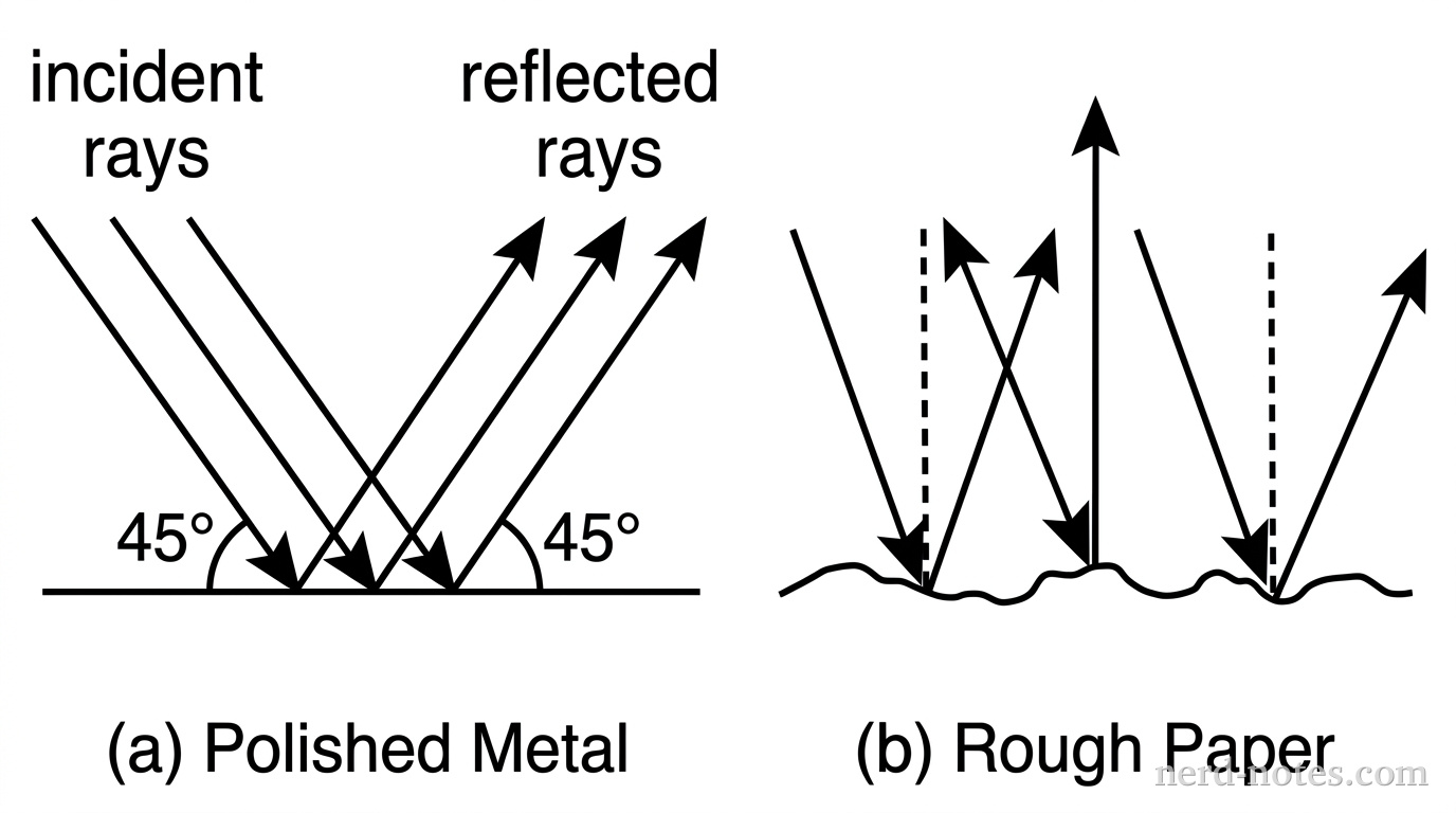 Two side-by-side diagrams labeled (a) Polished Metal and (b) Rough Paper. In diagram (a), a flat horizontal line represents a smooth surface. Three parallel downward-pointing arrows labeled incident rays strike the surface at a 45-degree angle. Three parallel upward-pointing arrows labeled reflected rays leave the surface at a 45-degree angle to the right. In diagram (b), a bumpy horizontal line represents a rough surface. Three parallel downward-pointing arrows strike different bumps on the surface. Three upward-pointing arrows leave the surface in three different, scattered directions to the upper-right, straight up, and upper-left. Dashed normal lines perpendicular to the surface at each point of contact are shown. No other labels, lines, text, or axes appear.