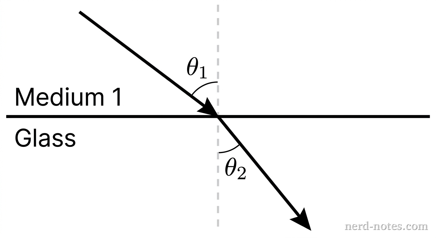 A horizontal boundary line separates an upper region labeled Medium 1 from a lower region labeled Glass. A vertical dashed normal line intersects the boundary line orthogonally. An incoming light ray arrow in Medium 1 travels downward and to the right toward the intersection point, making an angle \(\theta_1\) with the vertical normal line. A refracted light ray arrow in the Glass continues downward and to the right away from the intersection point, making an angle \(\theta_2\) with the vertical normal line, where \(\theta_2 < \theta_1\). No other labels, lines, text, or axes appear.