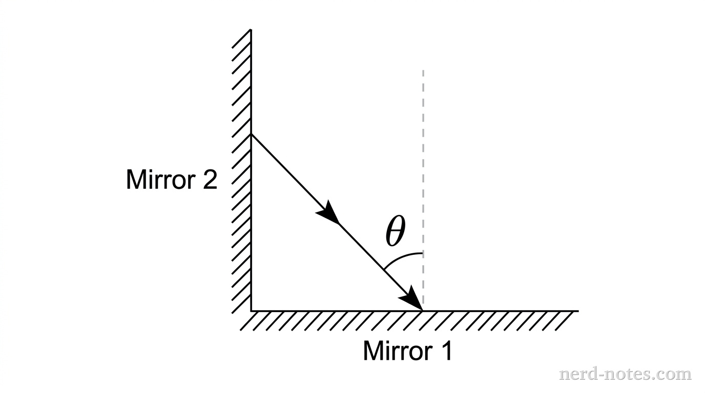 Two flat mirrors set perpendicular to each other forming an L-shape corner. Mirror 1 extends horizontally along the x-axis, and Mirror 2 extends vertically along the y-axis, meeting at an origin corner. A single thin arrow representing an incoming light ray points downward and to the right, intersecting Mirror 1 at a point. A vertical dashed normal line extends upward from Mirror 1 at the point of incidence, and the angle between the incoming ray and the dashed normal line is labeled theta. No reflected rays or construction lines are drawn beyond the point of incidence on Mirror 1. No other labels, lines, text, or axes appear.