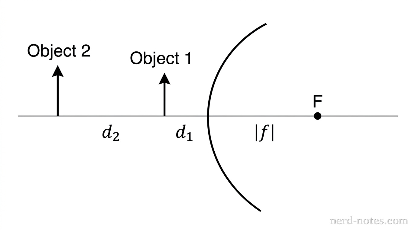 A horizontal principal axis drawn as a thin line. A convex mirror is positioned vertically, drawn as an arc curving outward toward the left. On the left side of the mirror along the principal axis, two vertical arrows representing objects point upward: Object 1 is located at a distance d1 from the mirror vertex, and Object 2 is located farther to the left at a distance d2 from the mirror vertex, such that d1 < d2. On the right side of the mirror behind the curved surface, a single dot labeled F marks the focal point at a distance |f| from the vertex. No other labels, lines, text, or axes appear.