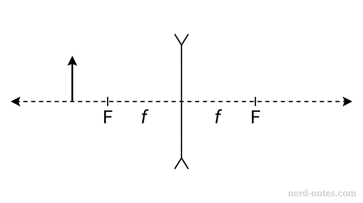 A horizontal dashed line represents the optical axis. A thin vertical diverging lens, represented by a vertical line segment with inward-pointing arrowheads at both ends, is centered at the origin. Two focal points labeled F are marked on the optical axis at equal distances f to the left and right of the lens. A solid vertical arrow representing an object stands on the optical axis pointing upward at a distance of 2f to the left of the lens. No light rays, construction lines, or image arrows appear. No other labels, lines, text, or axes appear.