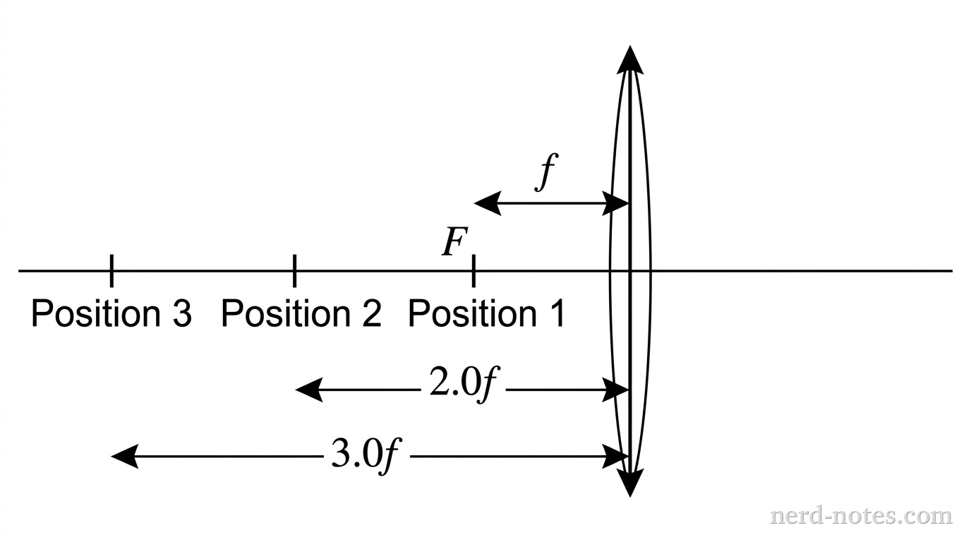 A schematic diagram showing a vertical double-arrow segment representing a converging lens centered on a horizontal line (the principal axis). On the left side of the lens, focal point tick mark F is labeled at distance f from the lens. Three object locations are marked on the principal axis: Position 1 at 1.5f, Position 2 at 2.0f, and Position 3 at 3.0f from the lens. No rays or image arrows appear.