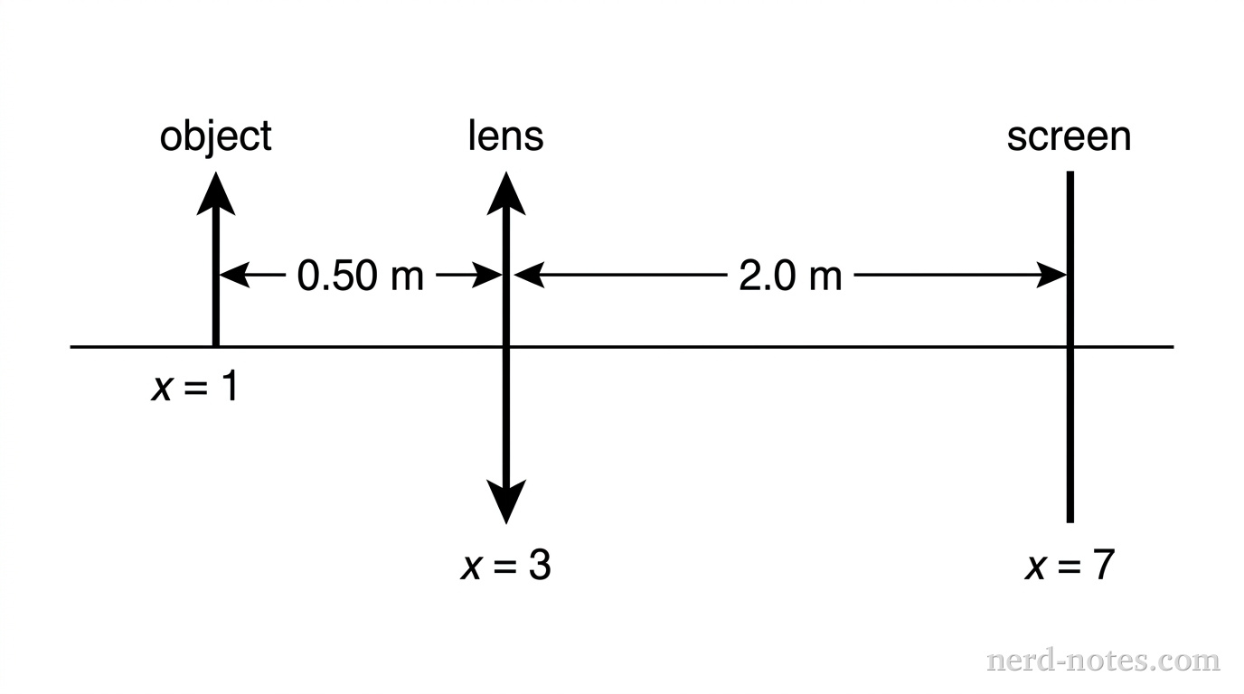 A horizontal axis line represents the principal axis. An upright vertical arrow representing an object stands on the principal axis at x = 1 cm, extending upward and labeled object. A vertical line segment with double-pointed arrowheads at both ends stands at x = 3 cm on the principal axis, representing a thin converging lens and labeled lens. A vertical solid line segment stands at x = 7 cm on the principal axis, representing a screen and labeled screen. A double-headed horizontal dimension line extends between the object arrow and the lens, labeled 0.50 m. A second double-headed horizontal dimension line extends between the lens and the screen, labeled 2.0 m. No light rays, images, or focal points are shown. No other labels, lines, text, or axes appear.