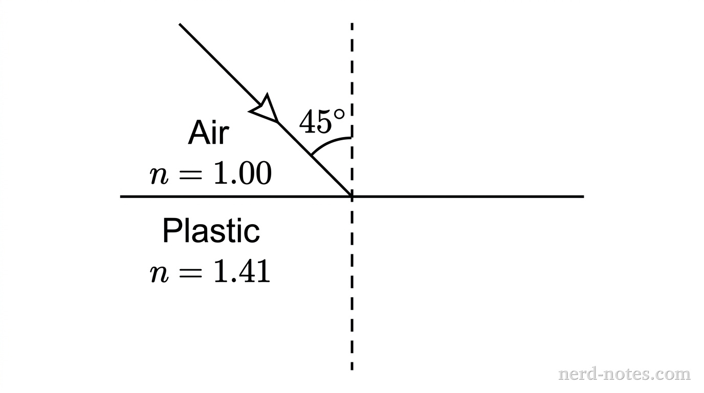 A horizontal solid line separates two media, labeled Air with n = 1.00 above the line and Plastic with n = 1.41 below the line. A vertical dashed line passes perpendicularly through the horizontal boundary, representing the normal line. An incident ray, drawn as a straight solid line with an arrowhead pointing toward the boundary intersection, approaches from the upper-left in the Air region at an angle of 45 degrees relative to the vertical dashed normal. The angle of 45 degrees is explicitly labeled between the incident ray and the upper vertical dashed normal line. No refracted ray is drawn below the boundary surface in the Plastic region. No other labels, lines, text, or axes appear.