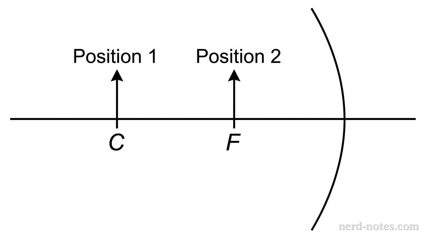 A horizontal line represents the principal axis. On the right side, a curved vertical arc bowing outward to the right represents a concave mirror, with its reflecting surface facing left toward the principal axis. The point where the axis meets the mirror is marked. On the principal axis to the left of the mirror, two tick marks are labeled F and C, where F is at a distance f from the mirror and C is at a distance 2f from the mirror. Position 1 is marked by a vertical arrow pointing upward on the principal axis at C. Position 2 is marked by a vertical arrow pointing upward on the principal axis at F. No ray paths, reflected rays, or images are drawn. No other labels, lines, text, or axes appear.