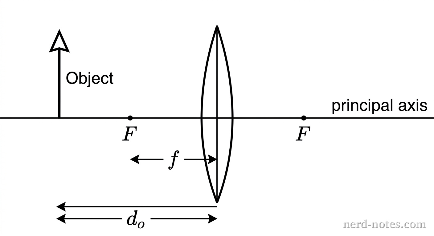 A thin converging lens positioned vertically at the center along a horizontal principal axis. Two focal points labeled F sit at distance f on either side of the lens. An upright object arrow labeled Object stands vertically on the principal axis at distance d_o to the left of the lens, where d_o is greater than f. Horizontal double-headed dimension arrows indicate the distance d_o and focal length f. No ray paths, back-extensions, or image arrows are shown. No other labels, lines, text, or axes appear.