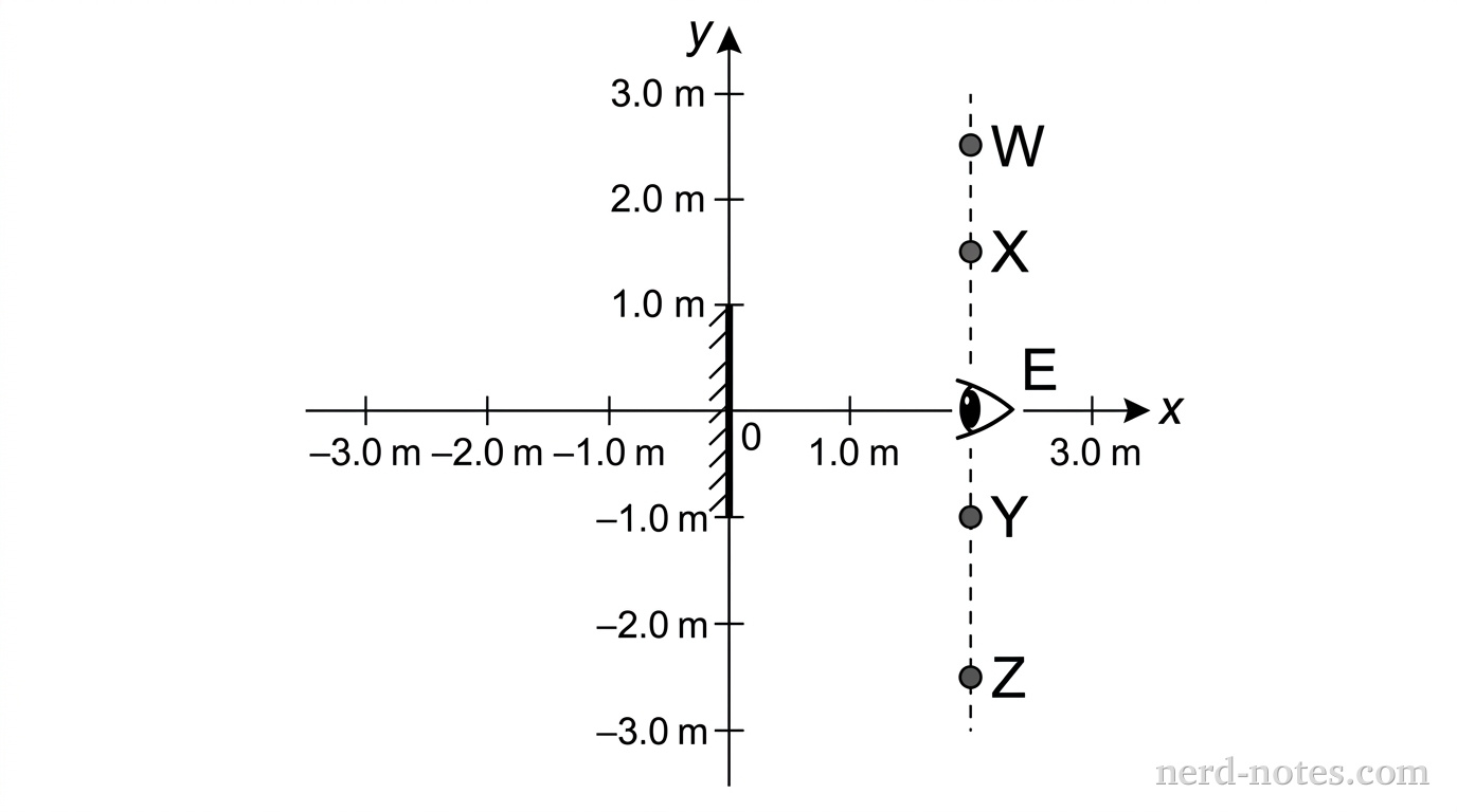 A two-dimensional Cartesian coordinate system showing the xy-plane. A vertical black line segment representing a plane mirror lies along the y-axis from y = -1.0 m to y = 1.0 m at x = 0 m, with short hatching lines on its left side to indicate the non-reflective back. An eye symbol labeled E representing the observer is located at coordinates (2.0 m, 0 m). Four small filled circular objects are placed along a dashed vertical line at x = 2.0 m: object W at (2.0 m, 2.5 m), object X at (2.0 m, 1.5 m), object Y at (2.0 m, -1.0 m), and object Z at (2.0 m, -2.5 m). Grid marks with numerical labels appear along both axes at intervals of 1.0 m from -3.0 m to 3.0 m. No other labels, lines, text, or axes appear.