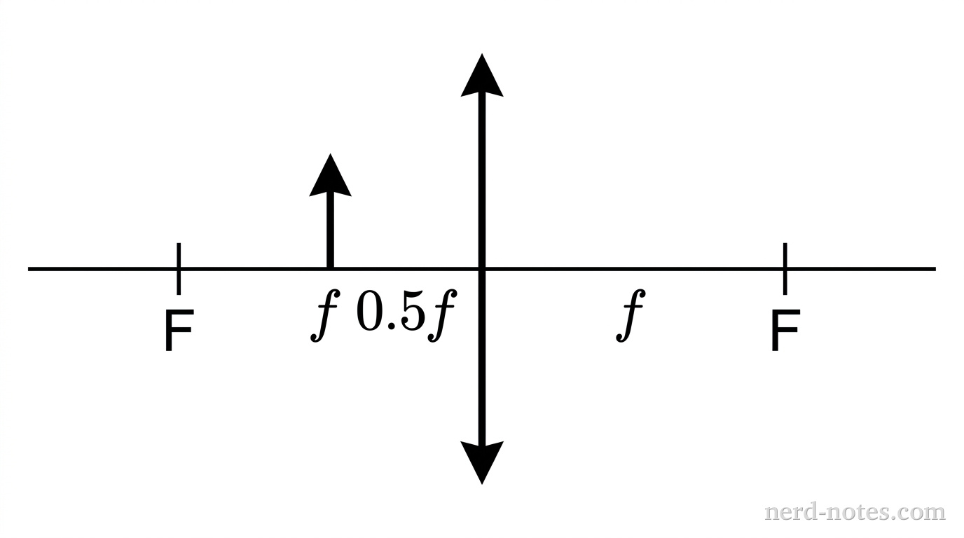 A horizontal line representing the principal axis passes through the midpoint of a vertical double-headed arrow representing a thin converging lens. To the left of the lens along the principal axis, a vertical tick mark is labeled F at a distance f from the lens. An upright arrow representing the object stands on the principal axis halfway between the lens and the left tick mark F, at a distance of 0.5f from the lens. To the right of the lens along the principal axis, a second vertical tick mark is labeled F at a distance f from the lens. No ray lines, image arrows, or additional labels appear on the diagram.