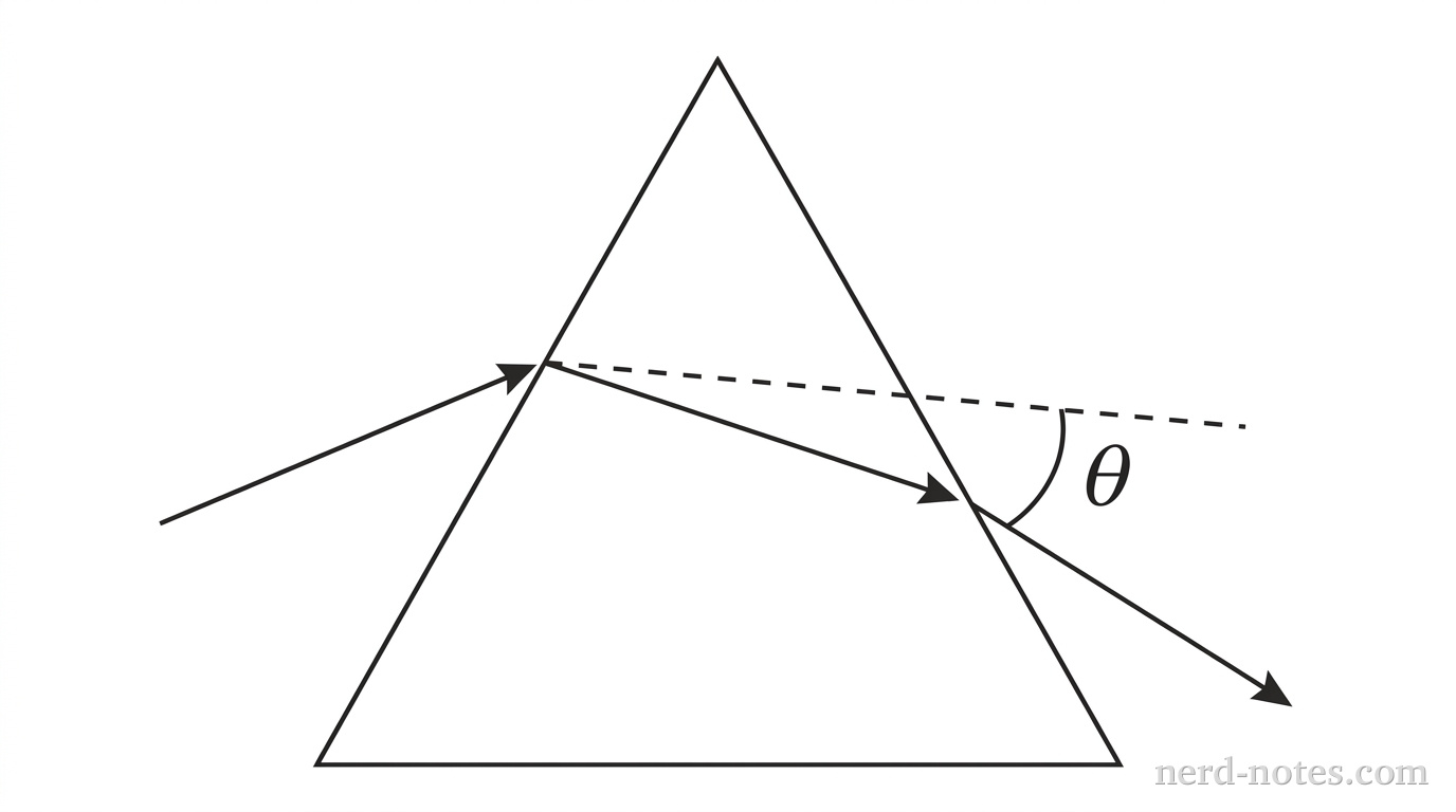 A triangular prism with an apex pointing upward and a horizontal base at the bottom. A single incoming light ray enters the left face from the upper-left, bending downward as it enters the prism. Inside the prism, the ray travels downward and to the right toward the opposite face. Upon exiting the right face, the ray bends further downward away from its original straight-line trajectory, pointing toward the bottom-right. A dashed line extends the path of the original incoming ray straight through the prism to illustrate the angle of deviation \(\theta\) between the original path and the exiting ray. No other labels, lines, text, or axes appear.