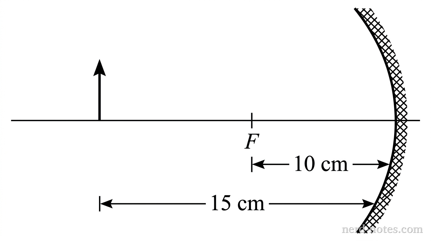A horizontal black line represents the principal axis. On the right side, a concave spherical mirror is drawn as a vertical arc curving inward toward the left. On the principal axis, a focal point is marked with a tick labeled F to the left of the mirror. An object, drawn as a solid vertical arrow pointing upward, sits on the principal axis to the left of F. A horizontal dimension line between the mirror and F is labeled 10 cm. A second horizontal dimension line between the mirror and the object arrow is labeled 15 cm. No other labels, lines, text, or axes appear.