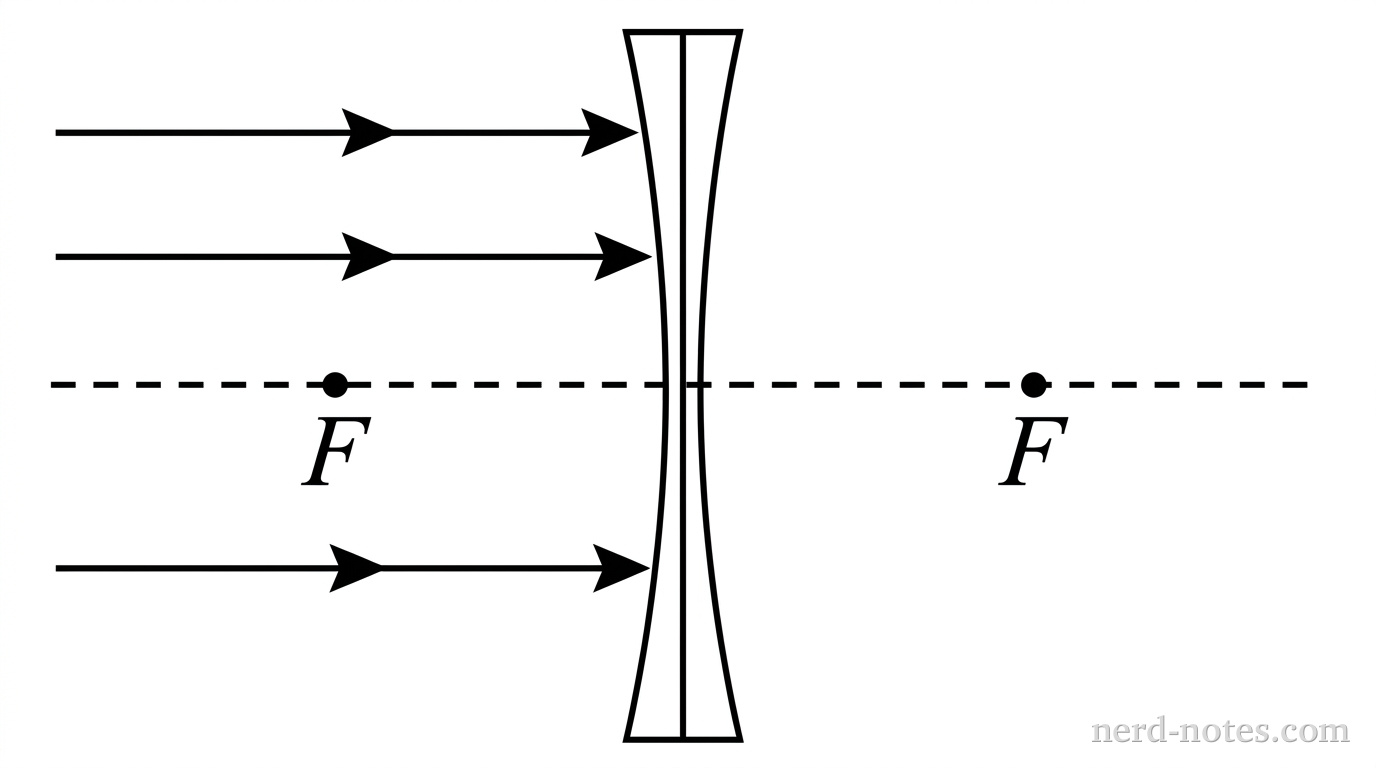 A horizontal dashed line representing the principal axis passes through the center of a thin vertical double-concave lens. Two focal points, labeled F on the left and F on the right, are marked on the principal axis at equal distances from the lens center. Three parallel horizontal light rays, drawn as solid arrows pointing to the right, approach the left surface of the lens parallel to the principal axis. The emerging rays beyond the lens are not shown. No other labels, lines, text, or axes appear.