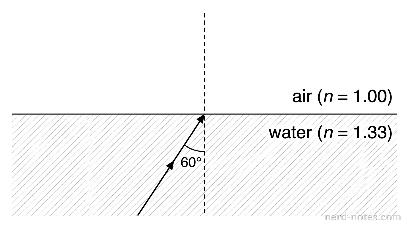 A horizontal boundary separates a lower region labeled water (n = 1.33) from an upper region labeled air (n = 1.00). A vertical dashed line perpendicular to the horizontal boundary represents the normal line. An incident light ray in the water region travels toward the intersection of the boundary and normal line, forming a 60-degree angle with the normal line. No reflected or refracted rays are shown.