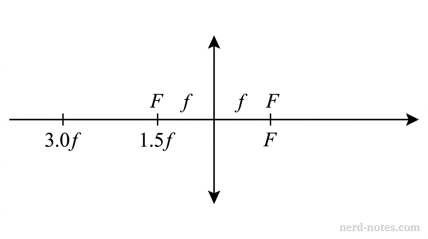 A schematic showing a horizontal principal axis and a vertical thin converging lens at the center. Two focal points labeled F are located at distance f on either side of the lens. On the left side of the lens, Position 1 is marked on the axis at distance 1.5f, and Position 2 is marked on the axis at distance 3.0f. No light rays, objects, or images are drawn. No other labels, lines, text, or axes appear.